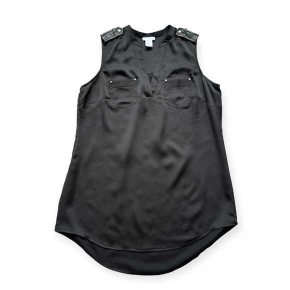 🔃Cache Black V Neck Faux Leather Sleeveless Tank Top - Picture 1 of 7